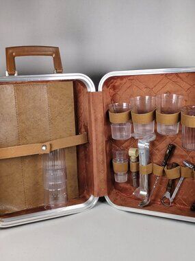 Vintage 1970s Portable Travel Bar Case Set Barware MCM